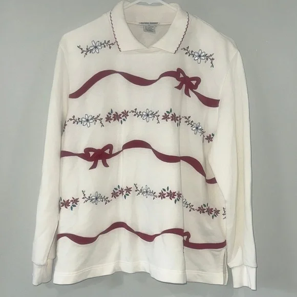 Alfred Dunner White and Red long  Sleeve  pullover  L petite VTG red bow - Picture 3 of 15